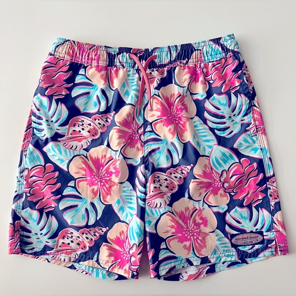 Vineyard Vines Kids Swim Trunks - Pink and Blue Floral - Picture 1 of 11